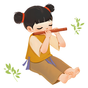 卡通牧童坐地上吹笛子