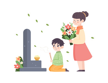 卡通简约清明节扫墓人物元素