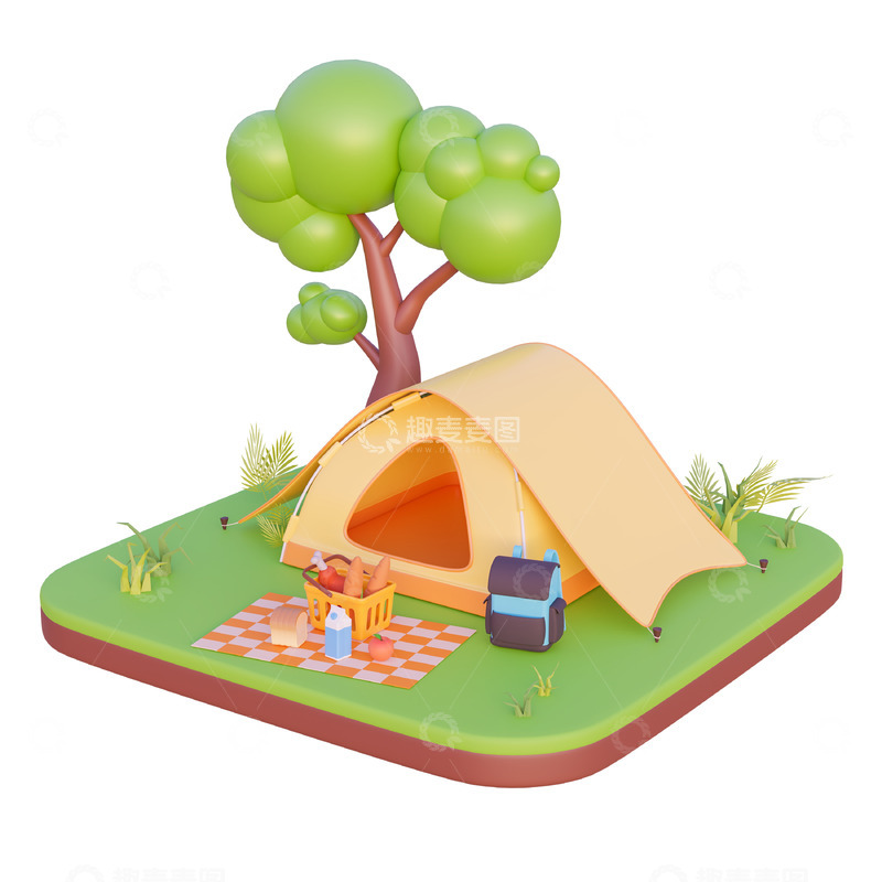 源文件下载【趣麦麦图】3D立体卡通露营帐篷小场景