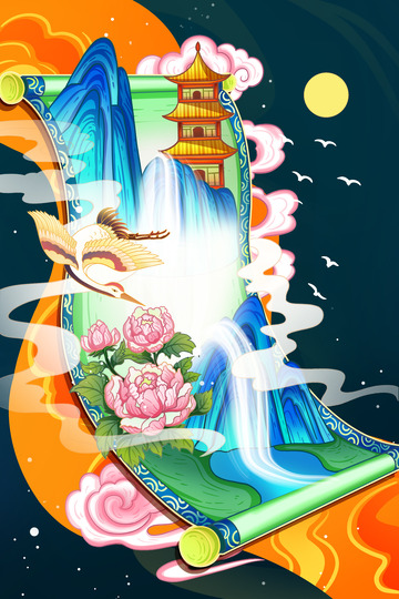 国潮风国潮卷轴山水古亭插画海报背景