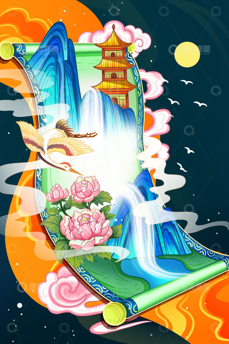 国潮风国潮卷轴山水古亭插画海报背景