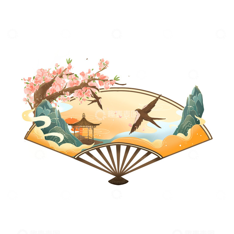 源文件下载【趣麦麦图】国风扇子桃花山水亭子燕子国潮元素