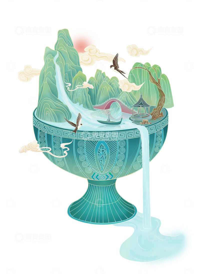 源文件下载【趣麦麦图】清明节国潮山水风景插画