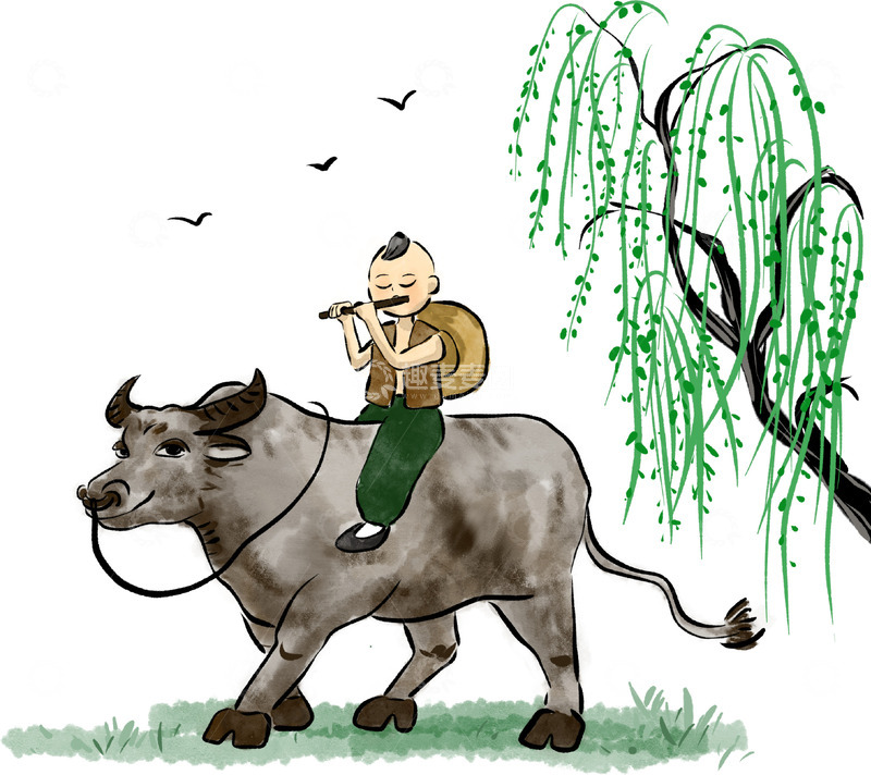 源文件下载【趣麦麦图】清明牧童水牛笛子柳树