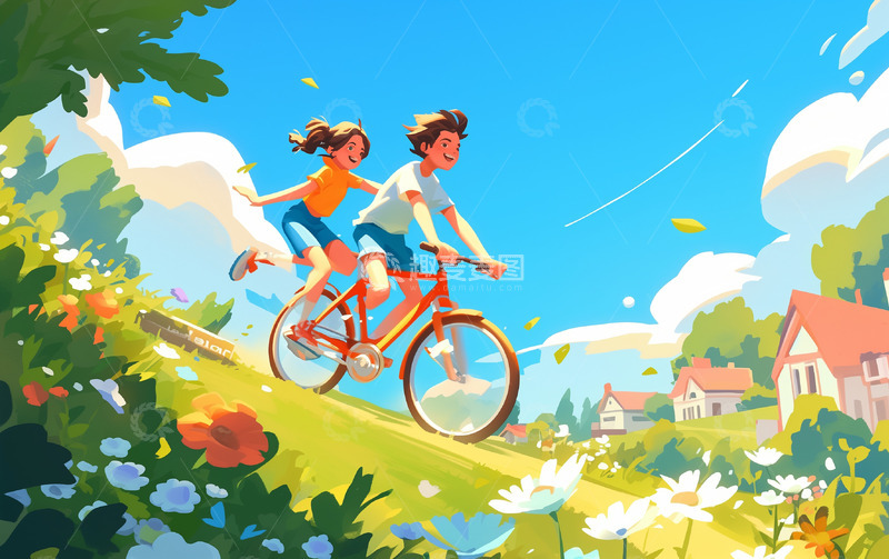 高清大图下载【趣麦麦图】春天骑行郊游插画背景