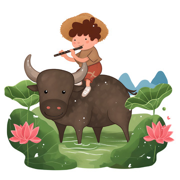 在牛背上吹笛子的小男孩卡通