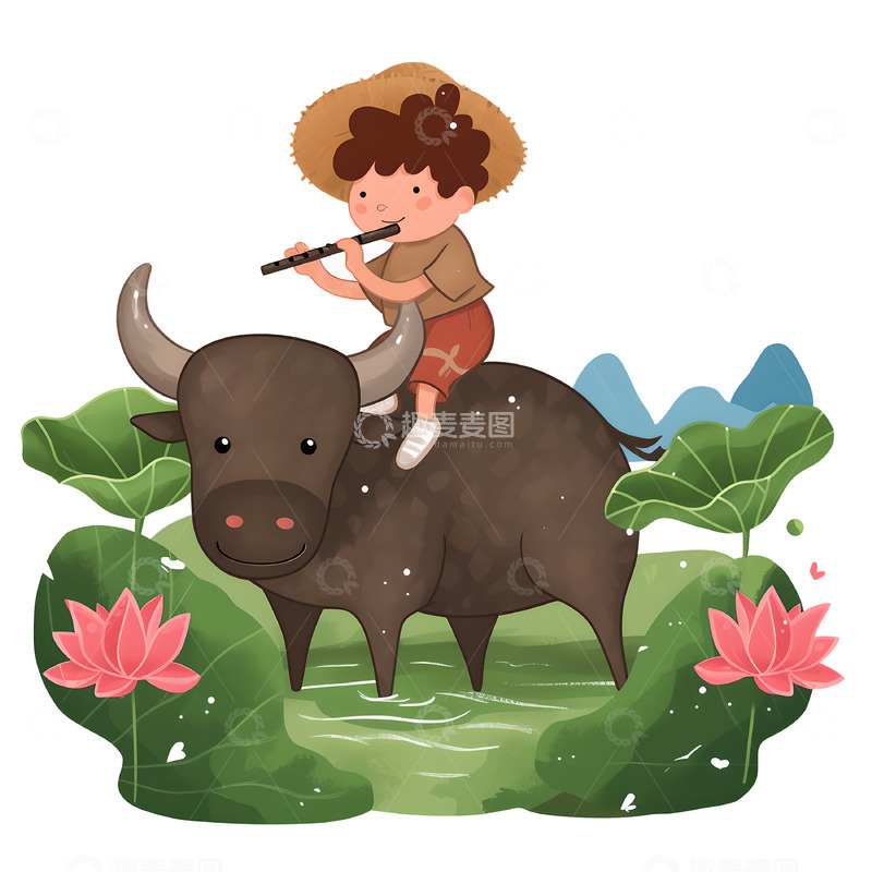 高清大图下载【趣麦麦图】在牛背上吹笛子的小男孩卡通