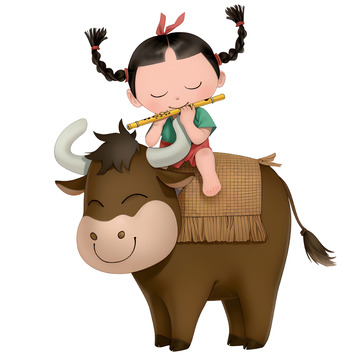 在牛背上吹笛子的小女孩