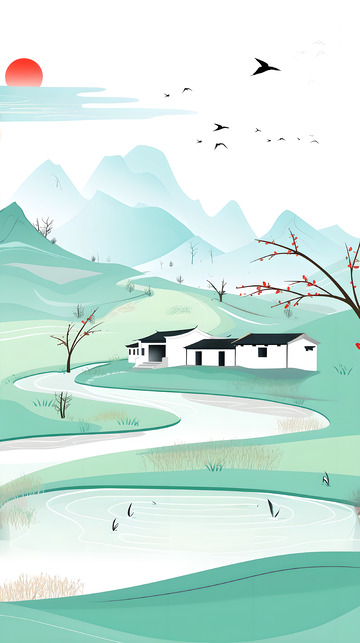 手绘插画水彩江南风景