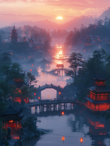 中国风古典建筑山水背景