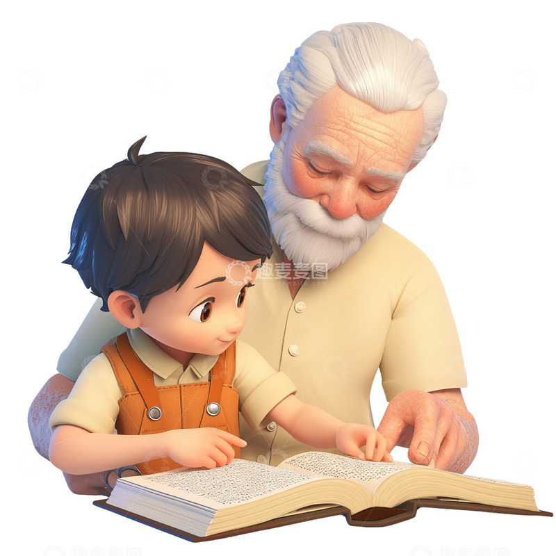 高清大图下载【趣麦麦图】重阳节敬老陪老人读书老人小孩在读书