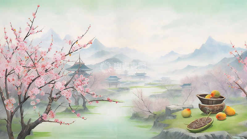 源文件下载【趣麦麦图】粉绿色清明谷雨节气春天桃花展板背景