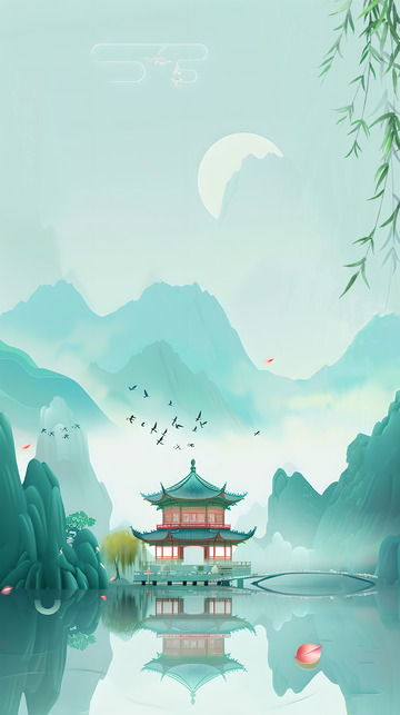 春日古风亭子山水背景