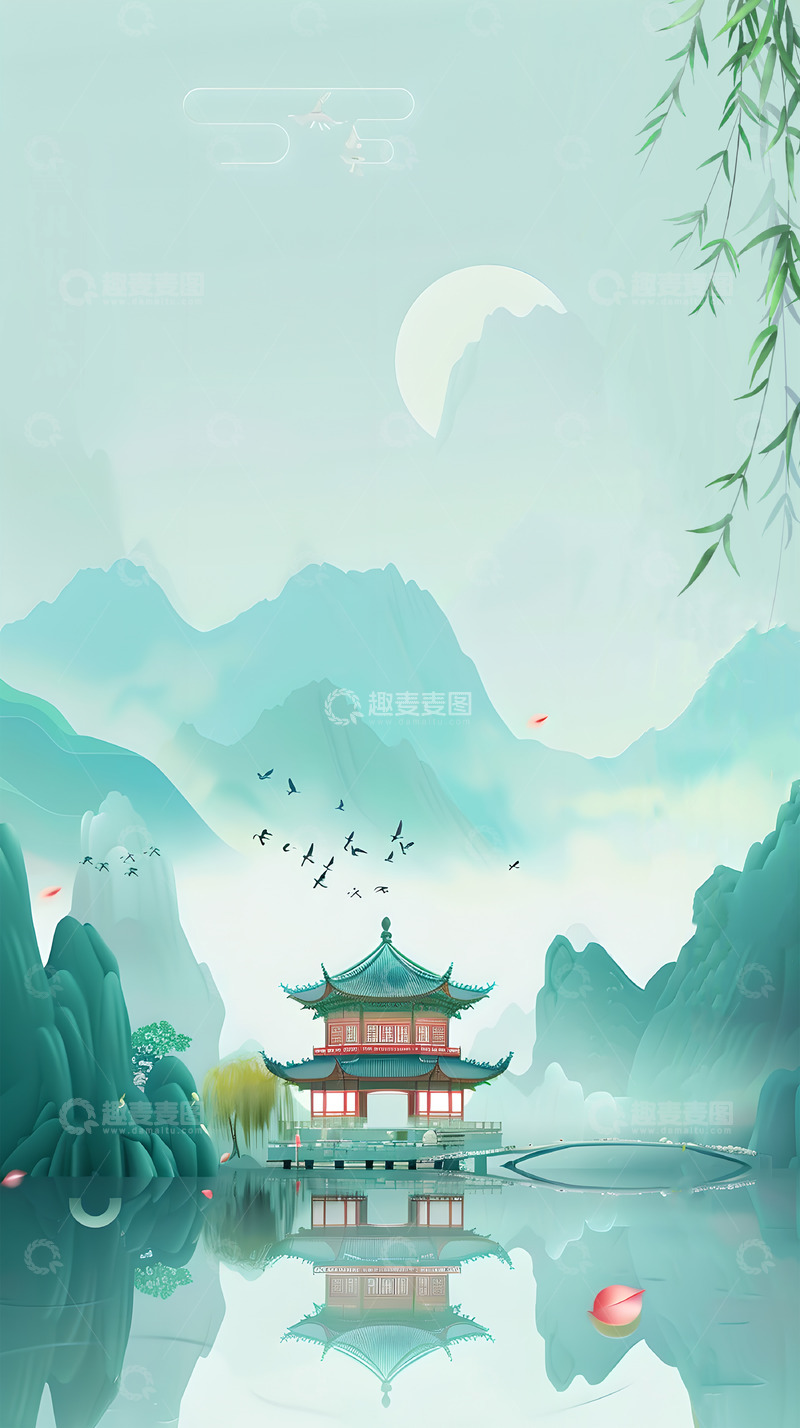 高清大图下载【趣麦麦图】春日古风亭子山水背景