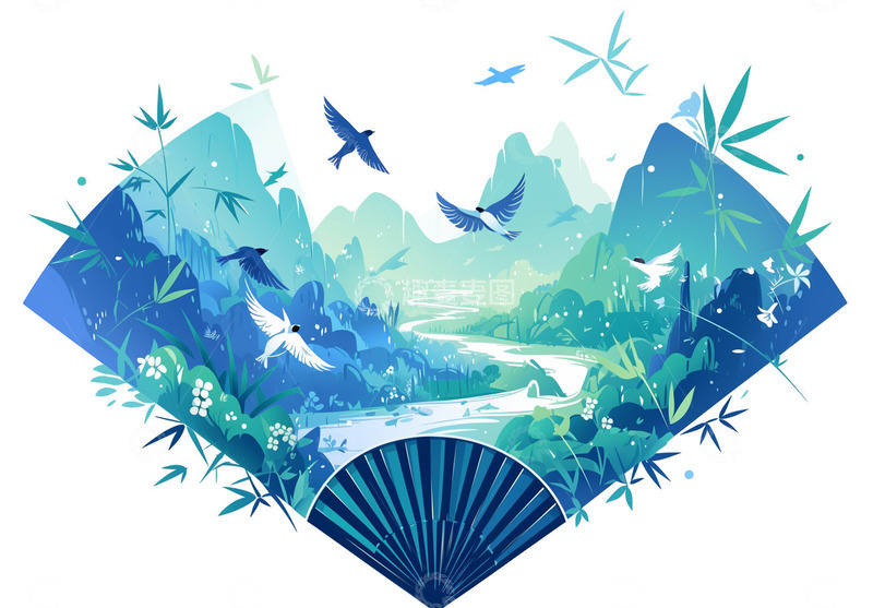 高清大图下载【趣麦麦图】中国风国潮山水燕子竹子扇子元素