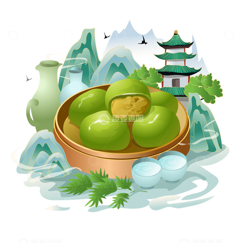 源文件下载【趣麦麦图】浅绿色国潮手绘清明节青团山水酒壶艾草