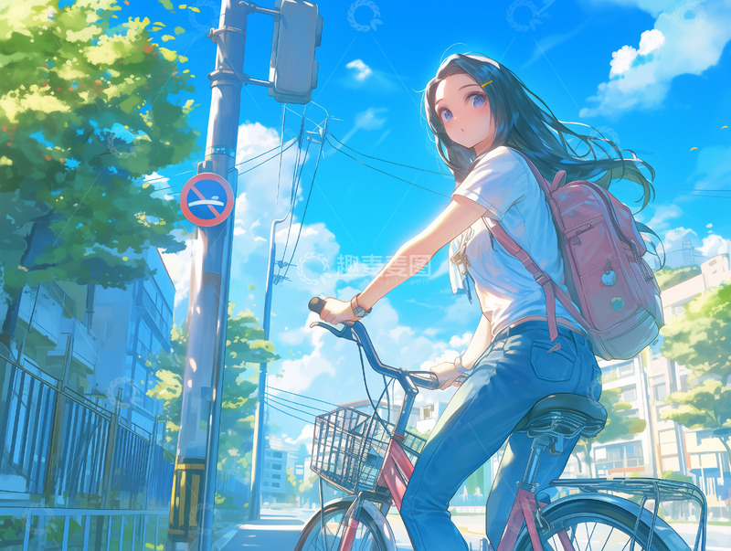 高清大图下载【趣麦麦图】骑车上学女生唯美背景