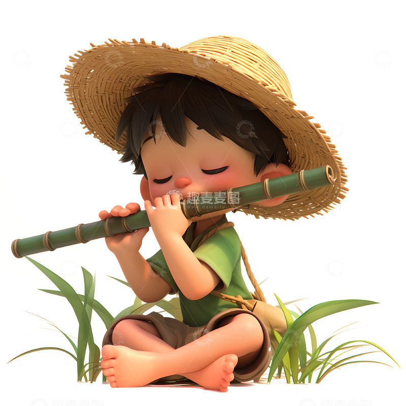 高清大图下载【趣麦麦图】吹竹笛的小男孩3D风格