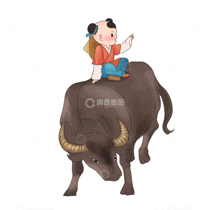 源文件下载【趣麦麦图】清明节牧童水牛手绘卡通