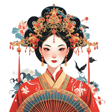 中式戏曲扇子鲜花人物