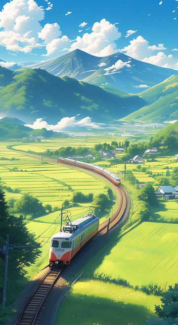 春天旅行火车田野郊游蓝天背景