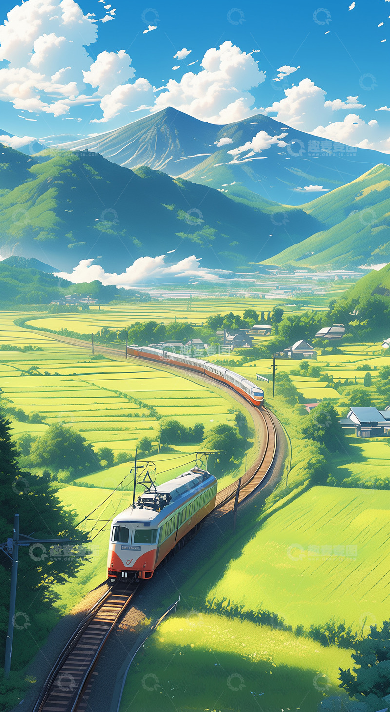 高清大图下载【趣麦麦图】春天旅行火车田野郊游蓝天背景