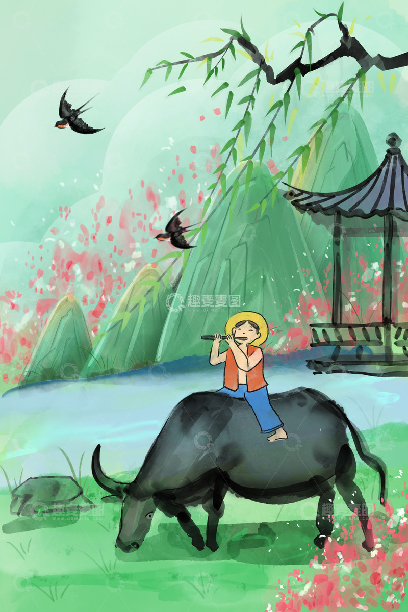 源文件下载【趣麦麦图】-清明水墨插画