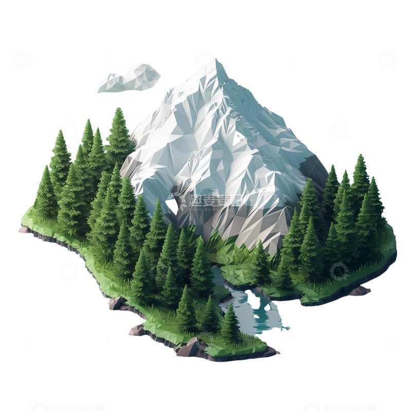 高清大图下载【趣麦麦图】山峰树木流水3D元素