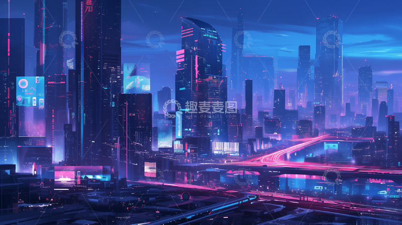 高清大图下载【趣麦麦图】赛博朋克商务科技智能城市背景