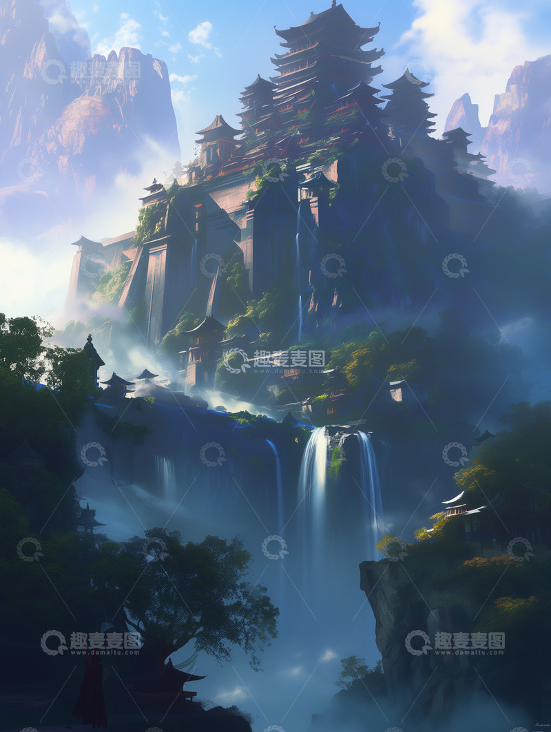 高清大图下载【趣麦麦图】梦幻仙境山水建筑背景