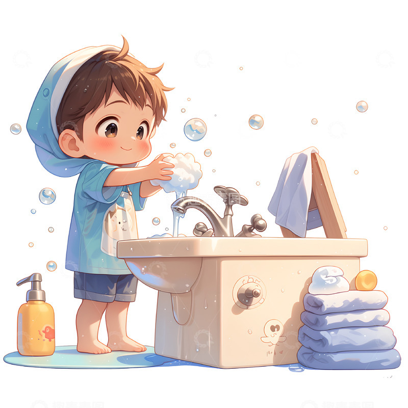 高清大图下载【趣麦麦图】可爱小男孩洗手卡通插画风格