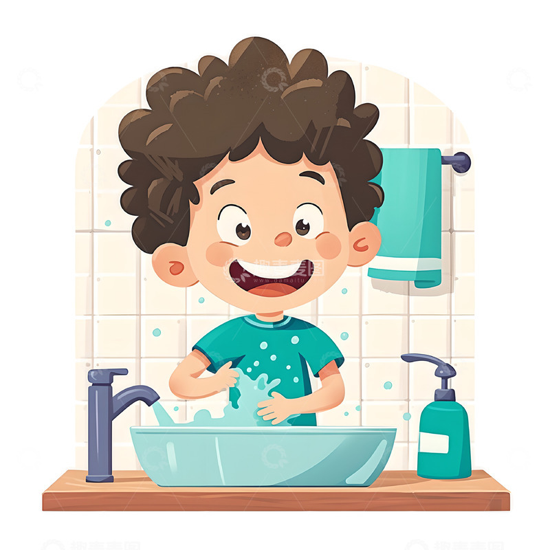 高清大图下载【趣麦麦图】可爱男孩洗手素材卡通风格