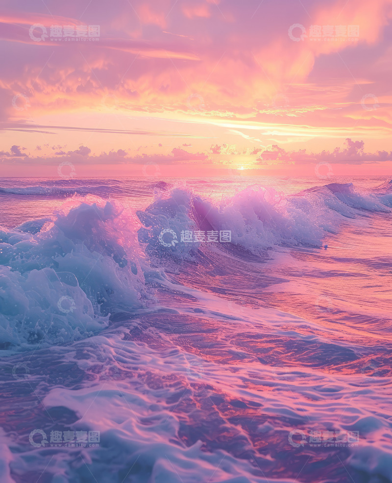 小清新夕阳沙滩海浪手绘插画