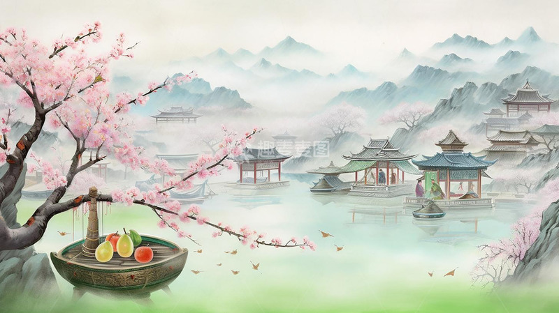 源文件下载【趣麦麦图】中国风春天水墨山水画桃花背景