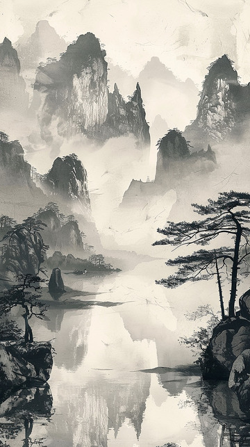 松树山水国风背景