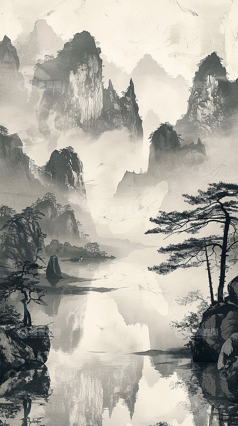 高清大图下载【趣麦麦图】松树山水国风背景