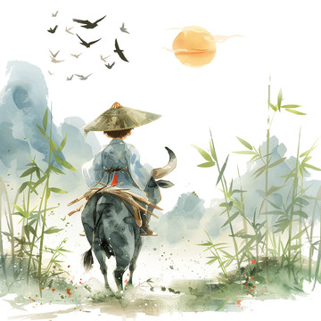 春天中式水墨风牧童与牛