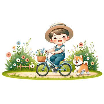 卡通男孩郊外骑车游玩元素