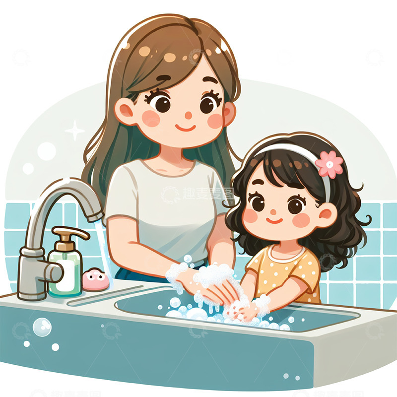高清大图下载【趣麦麦图】学会洗手卡通插画风格