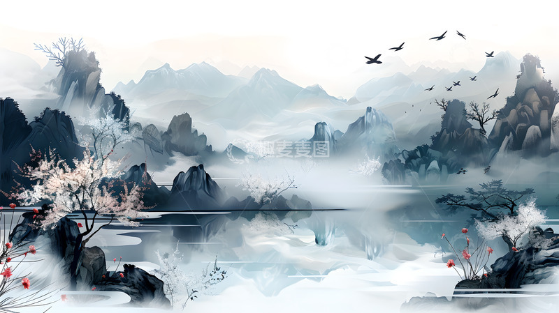 高清大图下载【趣麦麦图】水墨风山峰烟雾背景素材