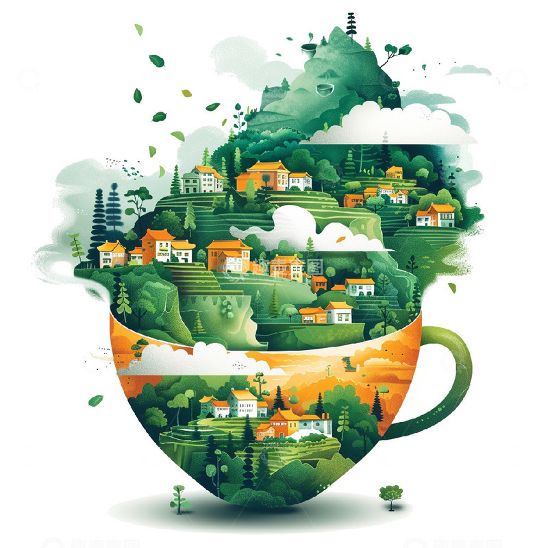 高清大图下载【趣麦麦图】意境春茶创意插画元素
