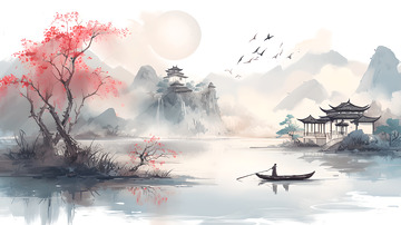 古风建筑渔船水墨风背景