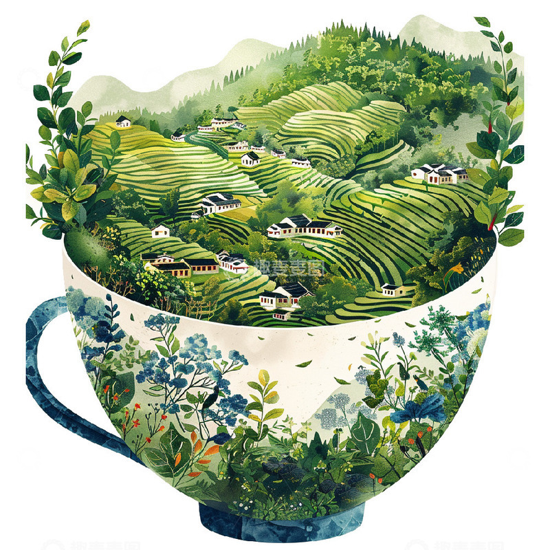 高清大图下载【趣麦麦图】春天中式春茶创意插画元素