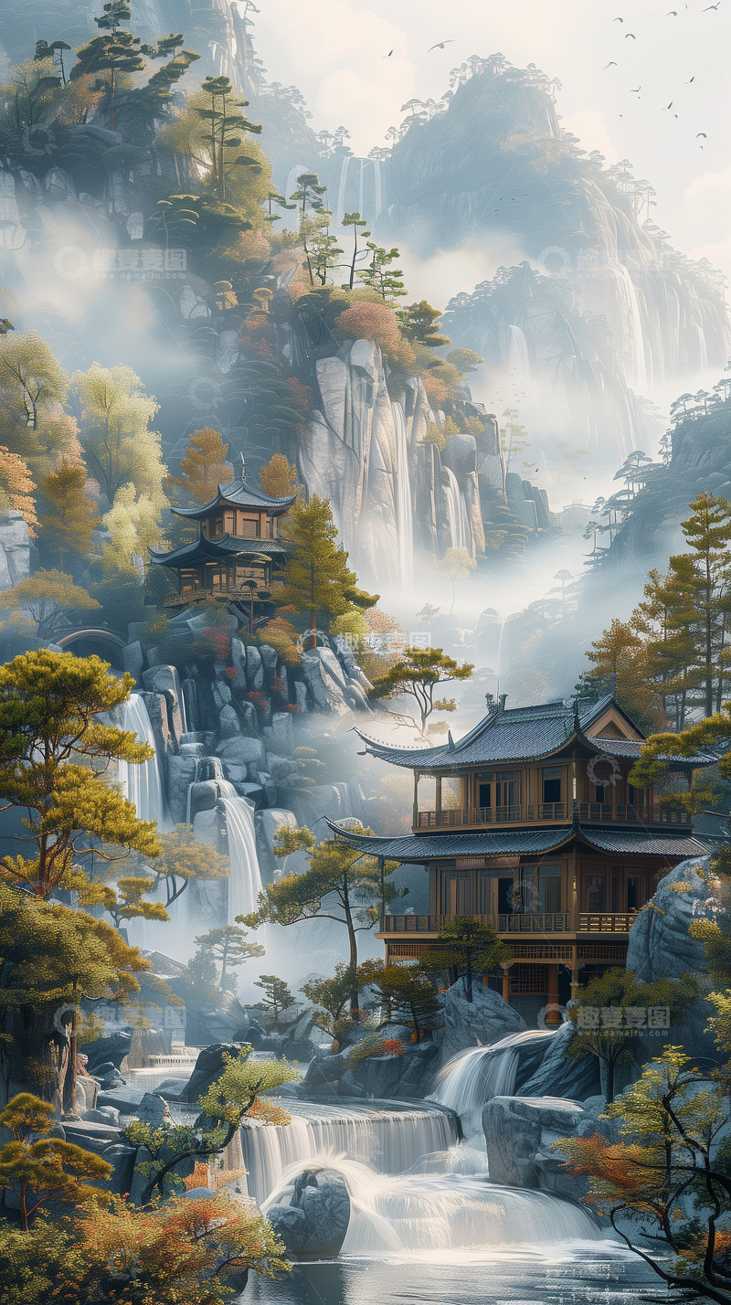 高清大图下载【趣麦麦图】中国风亭台水墨背景