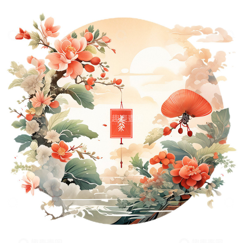 高清大图下载【趣麦麦图】工笔中国风古风植物手绘水彩