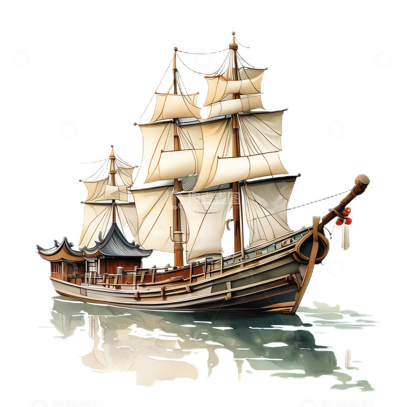 高清大图下载【趣麦麦图】水墨帆船中国风工笔