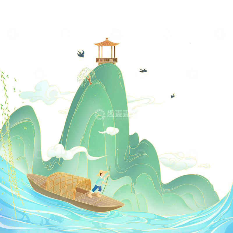 源文件下载【趣麦麦图】国潮山水清明节