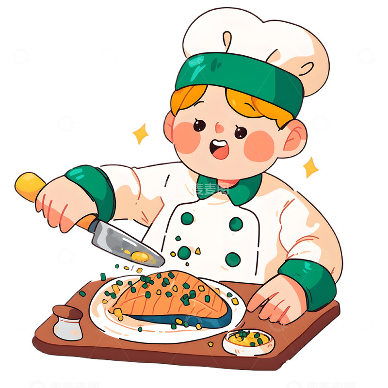 高清大图下载【趣麦麦图】厨师做鱼的卡通人物素材