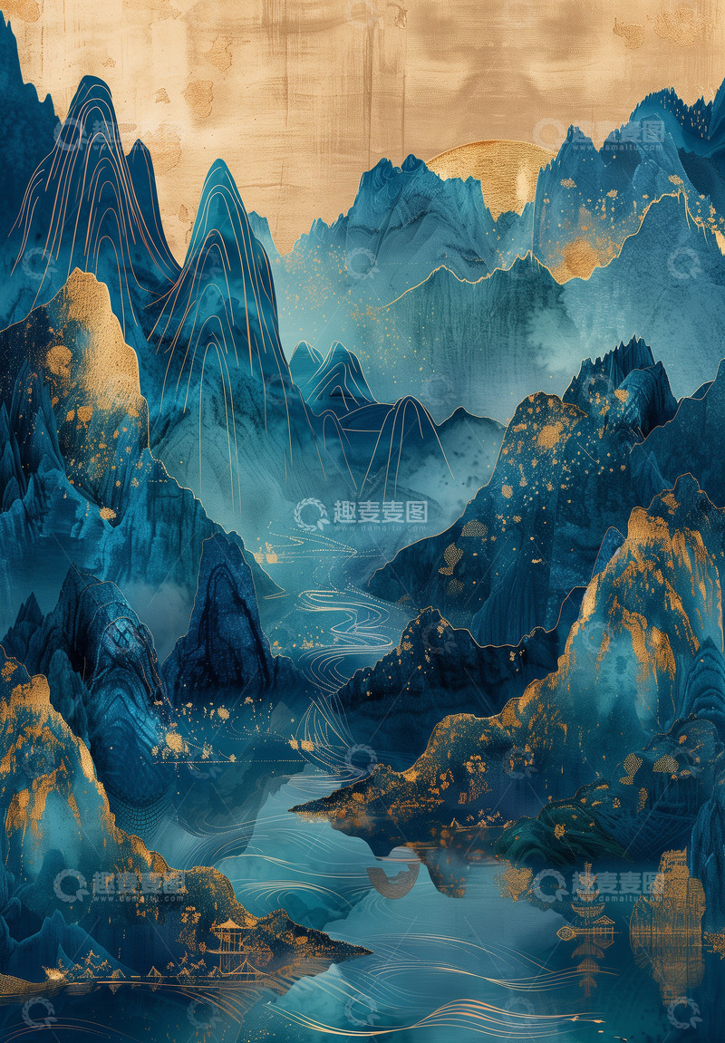 高清大图下载【趣麦麦图】金色山水中国风背景