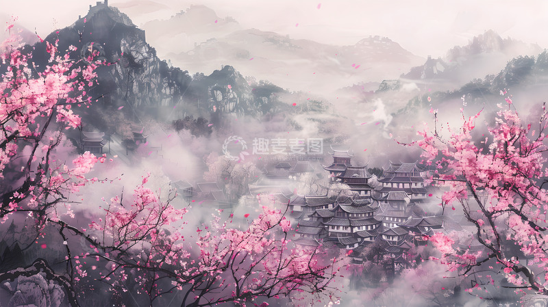 高清大图下载【趣麦麦图】水墨粉色樱花村庄国风素材